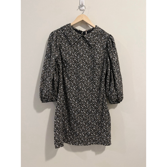 Free People Making Plans Black Blue Floral Mini Dress with Blue Accents Collar - Picture 2 of 11